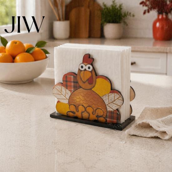 Fall Home Kitchen Accessories Thanksgiving Solid Wood Napkin Holder, Harvest Gnome Scarecrow Turkey Tissue Cute Pattern Table Ornament Dispenser,