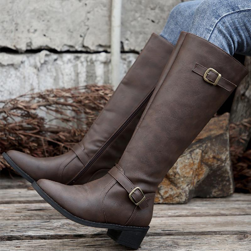 Women's Tall Square Buckle Boots, Chunky Heel Zipper Leather Boots, Plus Size Fall Winter Shoes