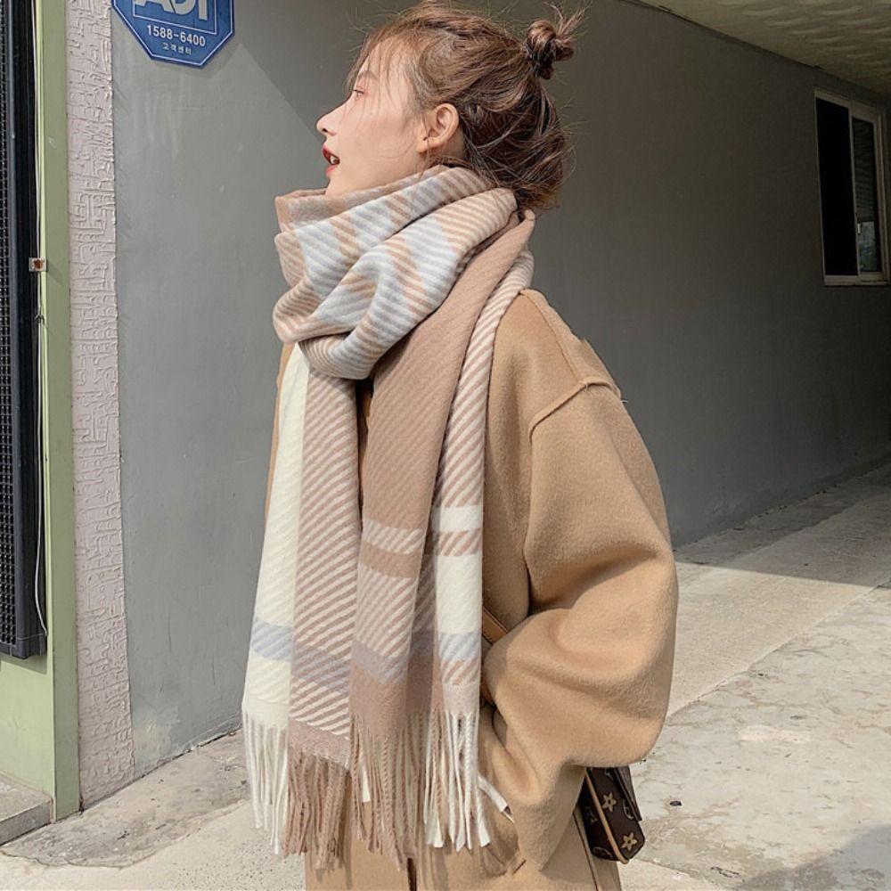 Korean Style Women's Cashmere Scarf Thickened Winter Neck Warmer Checkered Scarf Autumn Winter