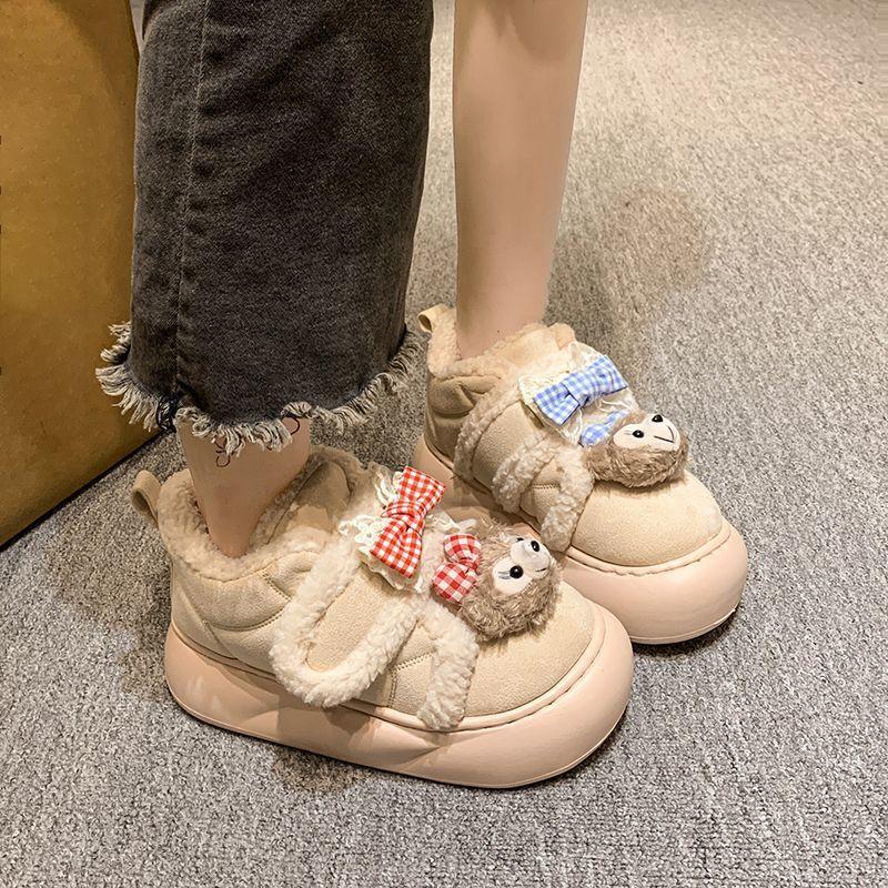 Cute cartoon thick-soled heightening fluffy shoes 2025 autumn and winter new non-slip, wear-resistant, piled warm soft-soled cotton shoes for women