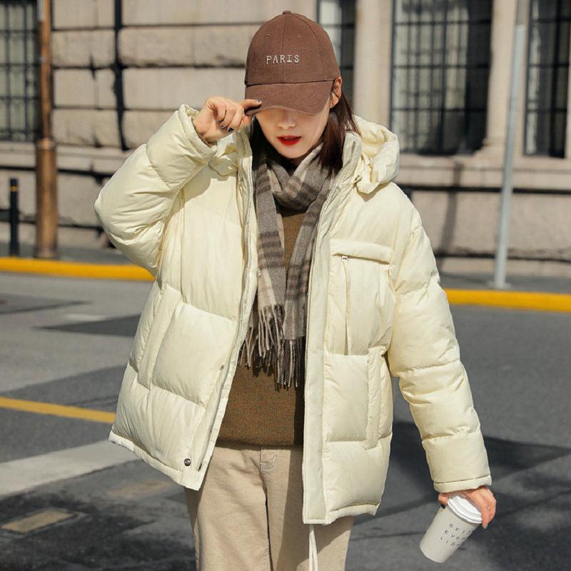 

Пуховик з капюшоном однотонний жіночий зимовий короткий новий модний білий качиний пух великого розміру One Size білий