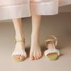 New women's one-word sandals casual solid color large size women's shoes rubber soft sole square heel comfortable round head summer sandals