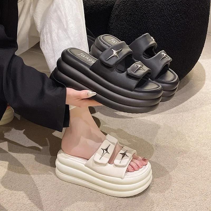 7cm Heels Chunky Platform Slippers For Women Open Toe Leather Wedges Sandals Woman Summer Thick Bottom Female Beach Flip Flops