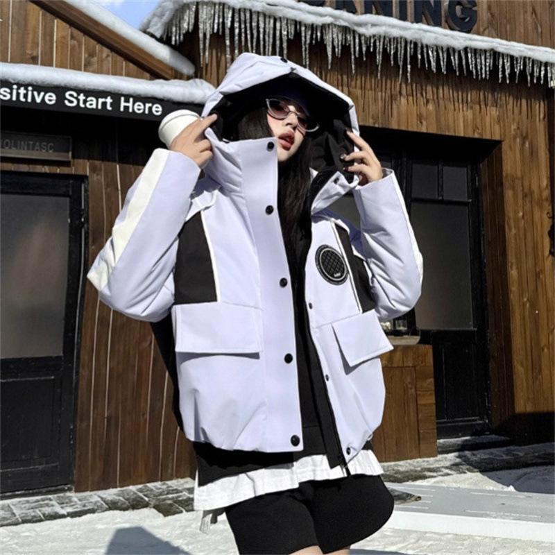 Winter new trendy brand contrasting color down jacket women's short hooded thickened warm white duck down jacket
