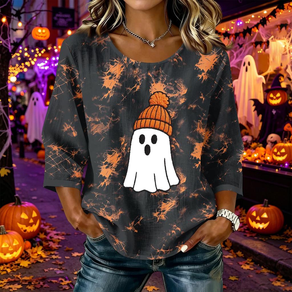 Women's Casual Halloween Print Three-Quarter Sleeve Round Neck Cotton Linen Blouse