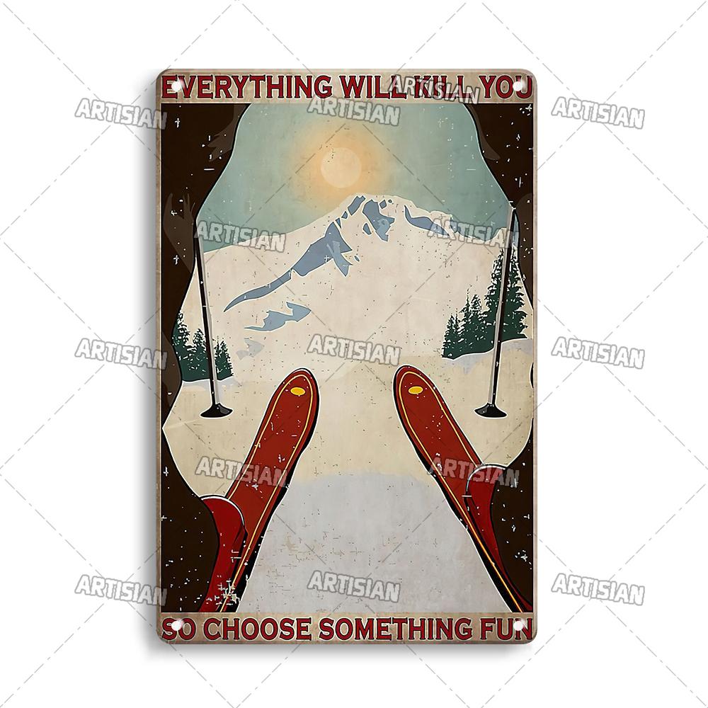 Artisian Skiing Snowboarding Metal Poster Sledding Tin Plaque Sport Decorative Plate Wall Decor Garage Bar Pub Club Hotel Cafe
