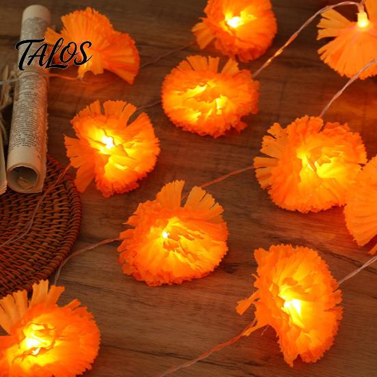 Flashing Orange Flower Lights Artificial Marigold String Lights, 20/40 LED Cempasuchil Garland Autumn Thanksgiving Party Decorations for Dia