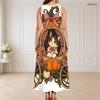 Women Plus Size Round Neck Triple Keyhole Cutout Sleeveless Maxi Dress Halloween Printed