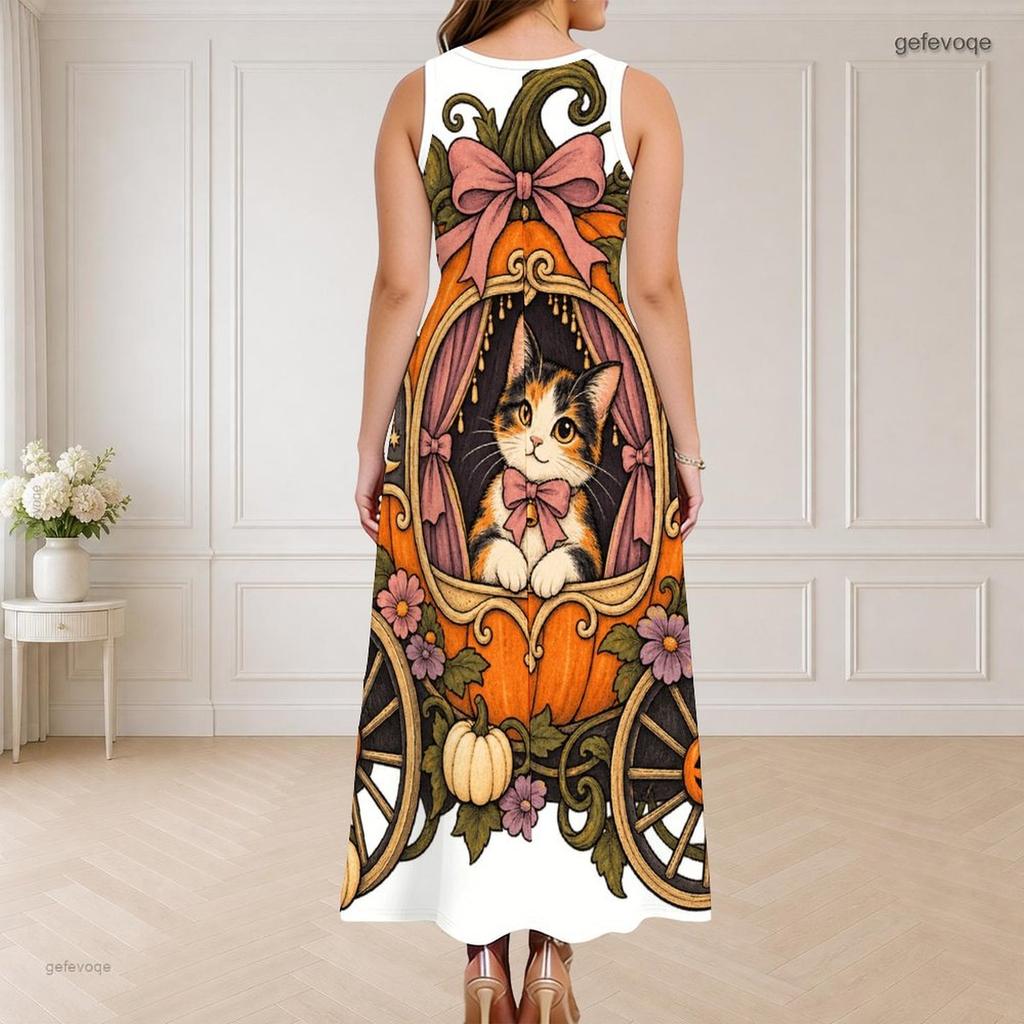 Women Plus Size Round Neck Triple Keyhole Cutout Sleeveless Maxi Dress Halloween Printed