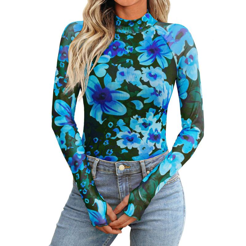 Europäischer und amerikanischer Amazon Blumen-Mesh Rundhals Langarm Mesh mit Daumenlöchern Modisches Herbst-Basisshirt Top