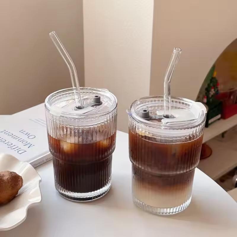 1PCS 400ml Stripe Glass Cup Transparent Glasses With Lid and Straw Ice Coffee Mug Tea Cup Juice Glass Milk Water Cup Drinkware