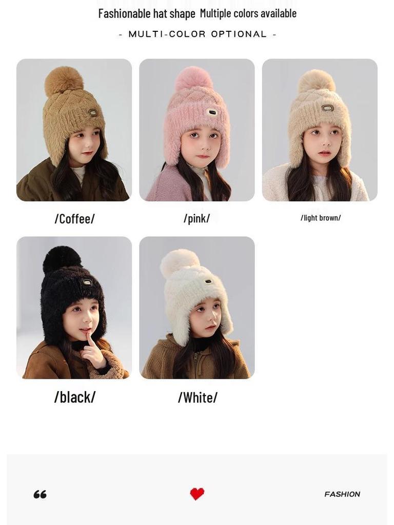 Kids' Thick Plush Knit Hat, Windproof & Cozy for Autumn/Winter, New Style Lei Feng Design for Boys & Girls