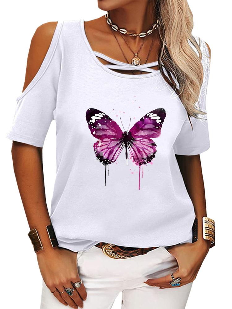 

Женская повседневная футболка с открытыми плечами и круглым вырезом, летняя футболка с коротким рукавом и пуловером с принтом