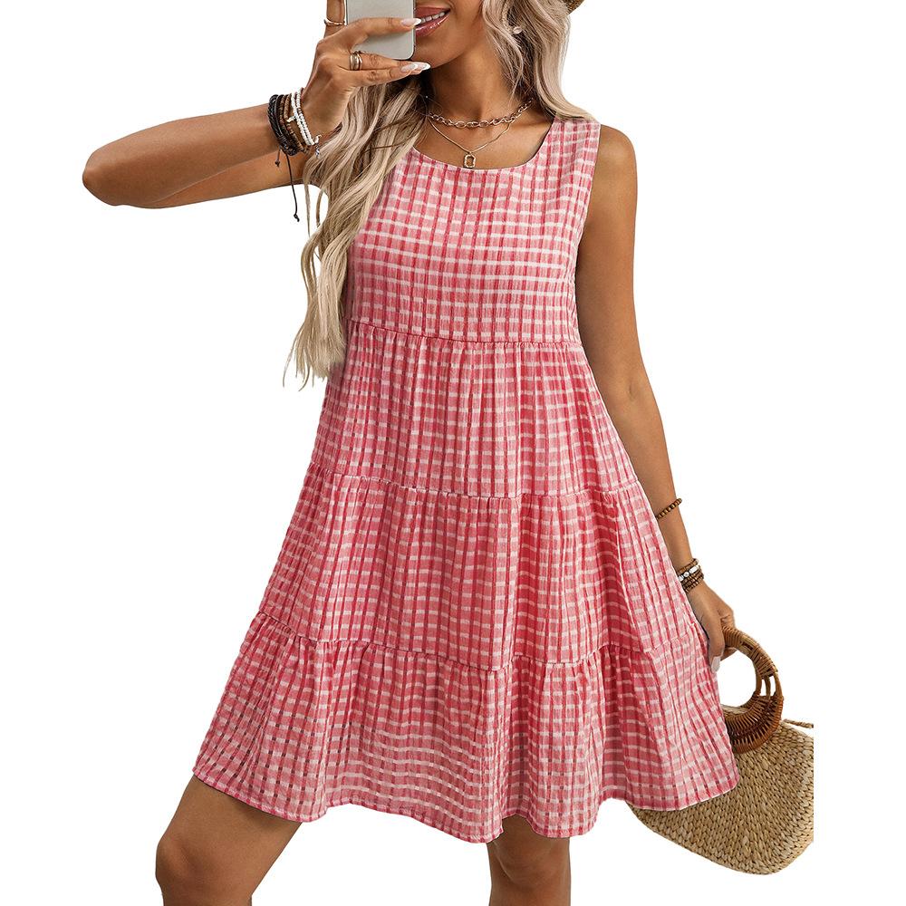 Women's Pink Checkered Tiered Sundress Summer Casual Sleeveless Dress with Layered Skirt