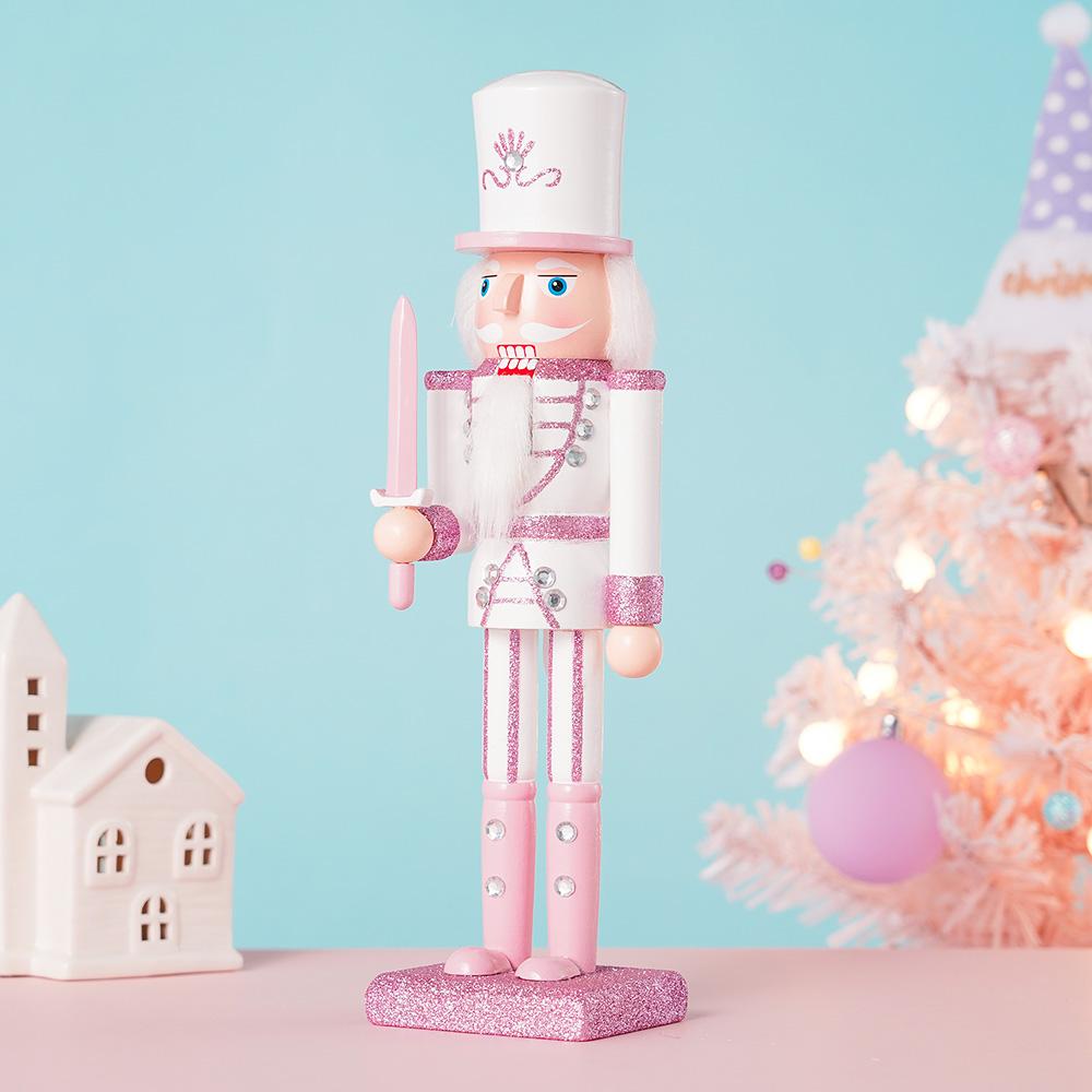 30CM Wooden Nutcracker Solider Figurine Puppet Pink Glitter Soldier Doll Toy Handcraft Ornament Christmas Home Office Decoration