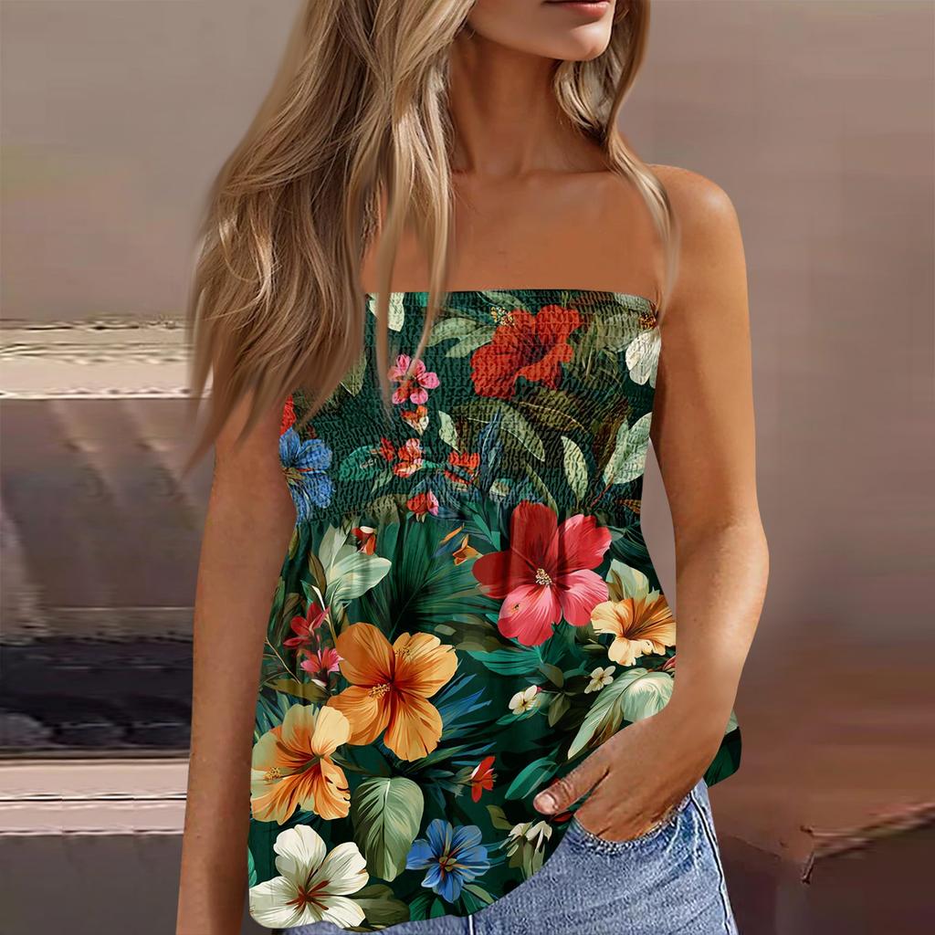 Women's Summer Fashion Strapless Top, Cute and Sexy Off-Shoulder Hawaiian Print Sleeveless T-Shirt