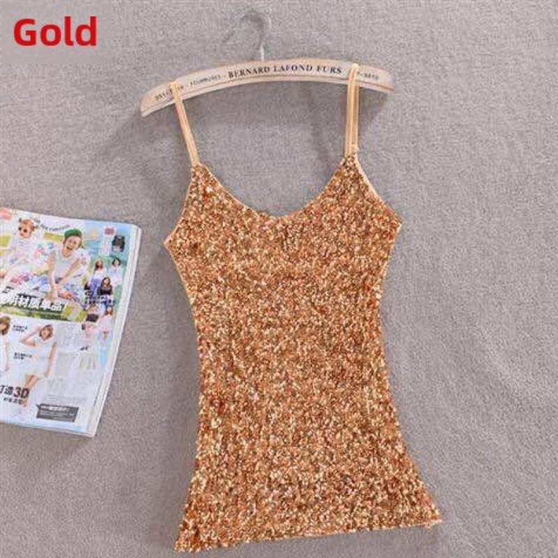 Polyester Sequin Tank Top For Women Spring Slim Fit Casual Blouse