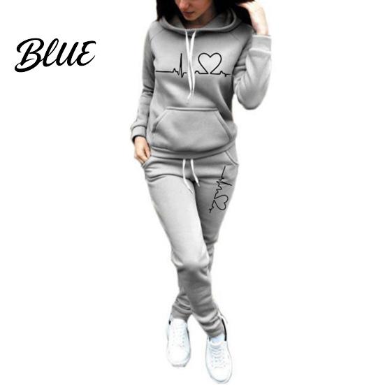 Thick 2 Pcs/Set Lady Tracksuit Heart Print Warm Hoodie Suit Breathable Solid Color for Daily Wear Autumn