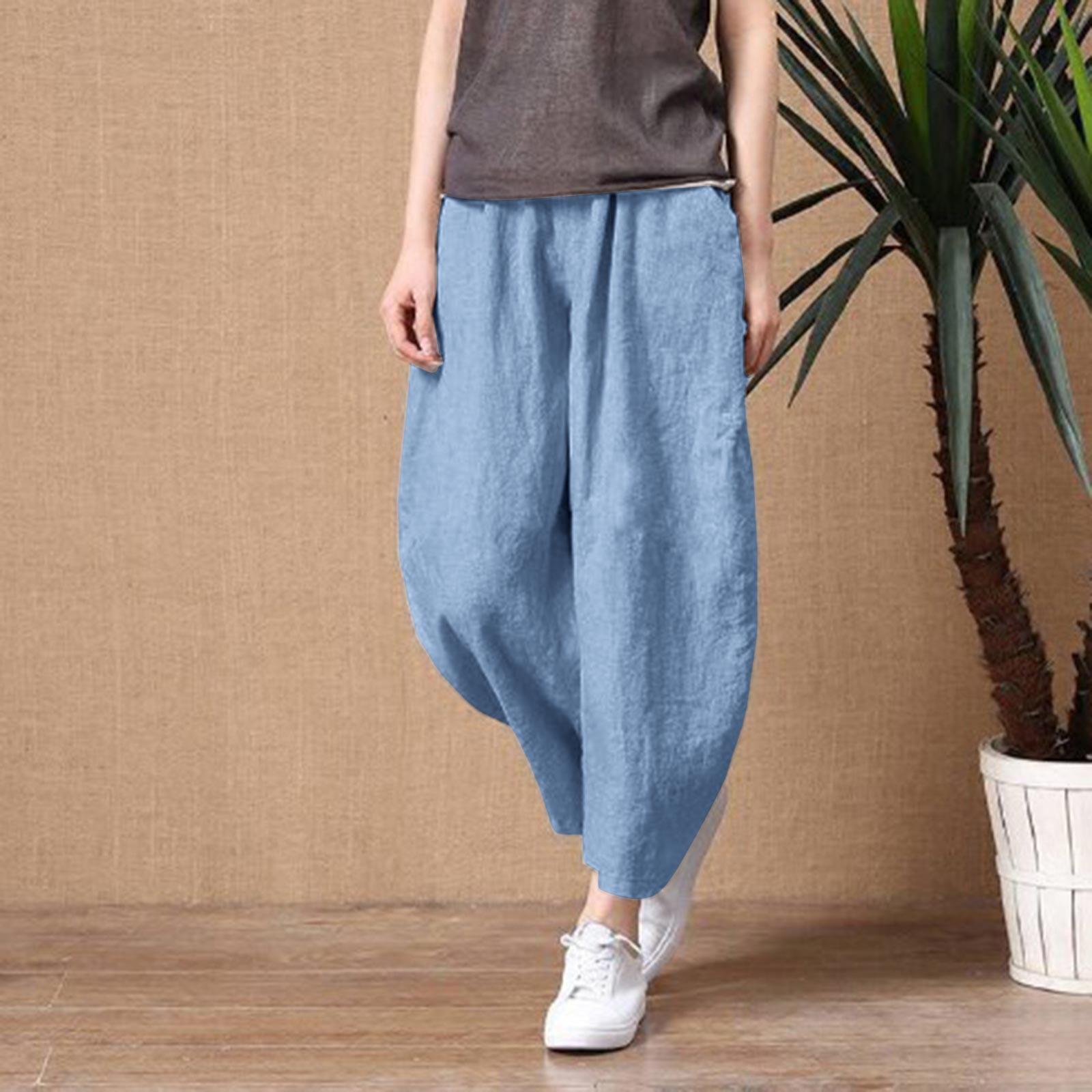 

Женские летние повседневные свободные шаровары больших размеров с эластичной резинкой на талии, хлопковые и льняные тонкие девятые брюки 4XL светло-синий