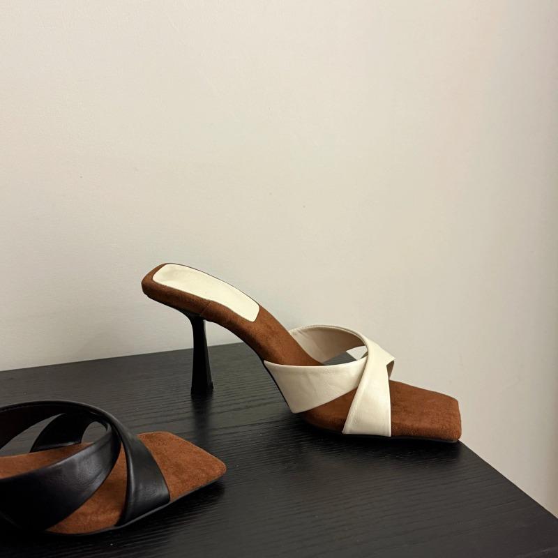 Fashion 2025 New Women's High Heels Sandal Square Head Cross Strap One Line Thin Heel Suitable  Wearing Outdoor Slippers
