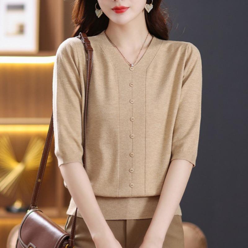 

Summer Autumn V-neck Solid Color Knitting Pullover Top Women 3/4 Sleeve Solid Color Knitting Tee Ladies Sweater onesize верблюд