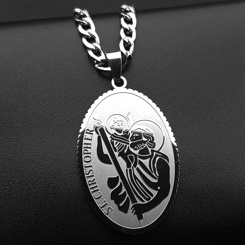 Saint Christopher Protect Us Oval Medal Pendant Necklace for Women Men Stainless Steel Gold Color Christian Chain Jewelry Gift