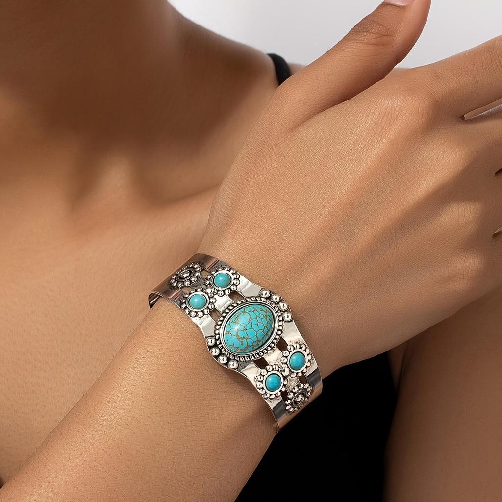 Turquoise Retro Court Style Open Bangle for Women, Japanese and Korean INS Inspired, Chic Niche Design