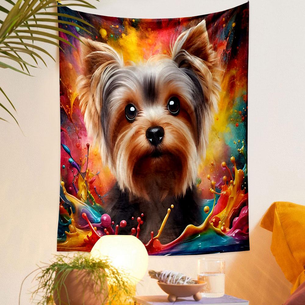 Colorful Yorkie Dog Portrait Patterned Tapestry Decorative Wall Hanging, Home Bedroom Living Room Decor