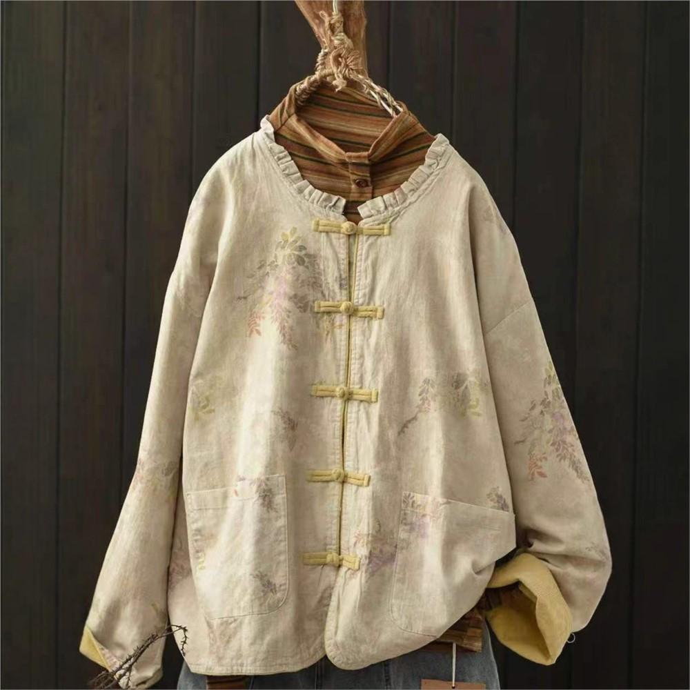 

Johnature Women Vintage Print Floral Jackets Button Patchwork Pockets Coats Autumn Loose Chinese Style Jackets One Size жовтий