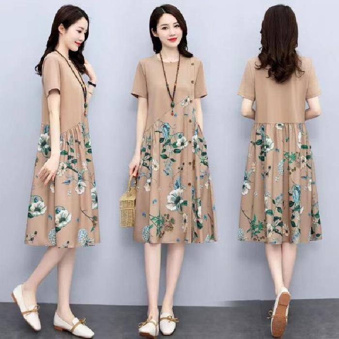 

Original size, dress women s summer new retro printing fat mm meat covering and thin loose casual a-word skirt 3XL хакі