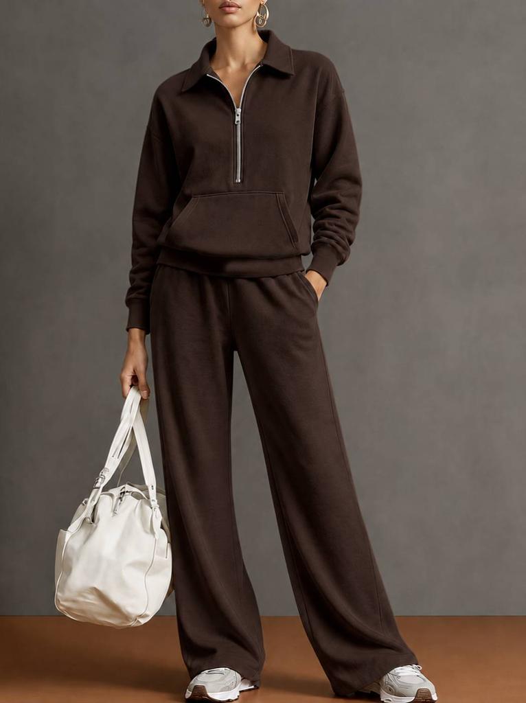 Conjunto de chándal de 2 piezas para mujer, sudadera con media cremallera y cuello, pantalones de pierna ancha, conjunto informal holgado para otoño e invierno