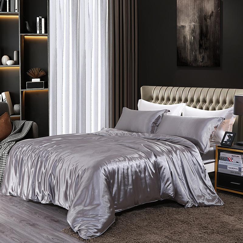 European Solid Color Mulberry Silk Bedding Sets Ice Silk Satin Cooling Bedclothes High Quality Skin-Friendly Smooth Duvet Kit
