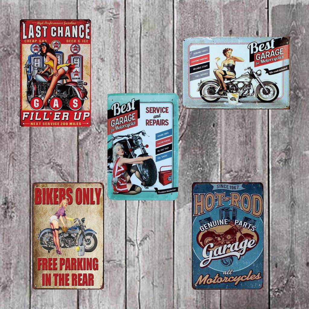 Lanx. Tin Sign Motorcycle 5-Piece Set Metal Plate American Vintage Style Wall Decoration Retro Goods Metal Goods Wall Decoration Antique (Motorcycle)
