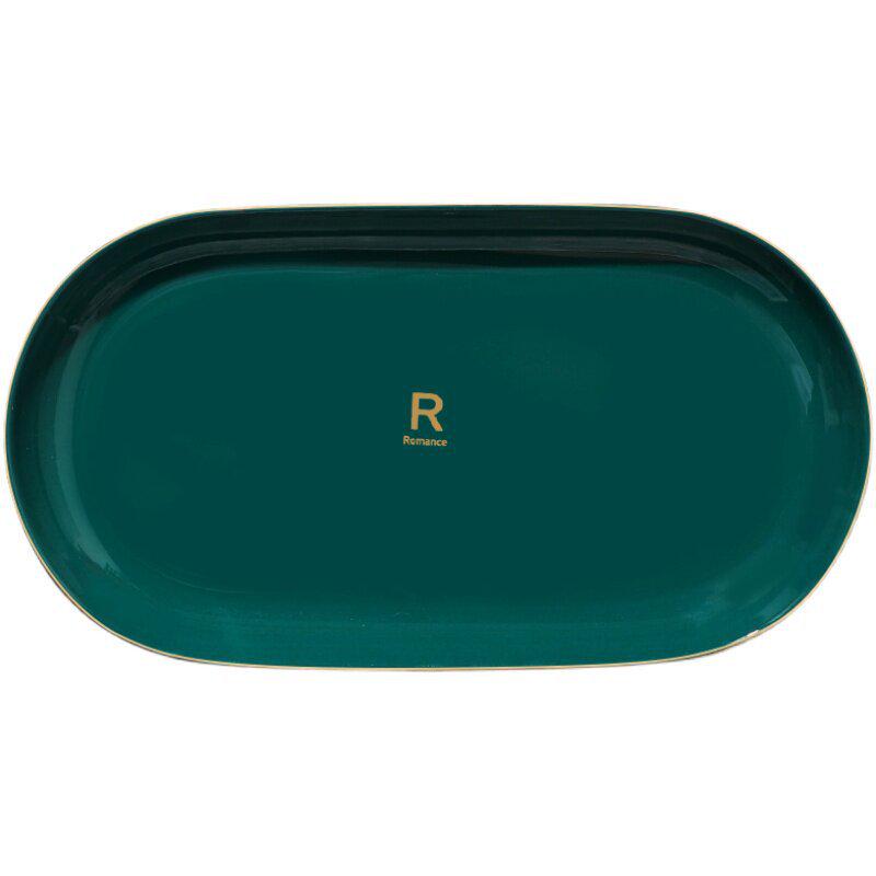 12-inch Retro Emerald Green Fish Plates with Gold Rim (Set of 2) - Decorative Thickened Ceramic Oval Plates