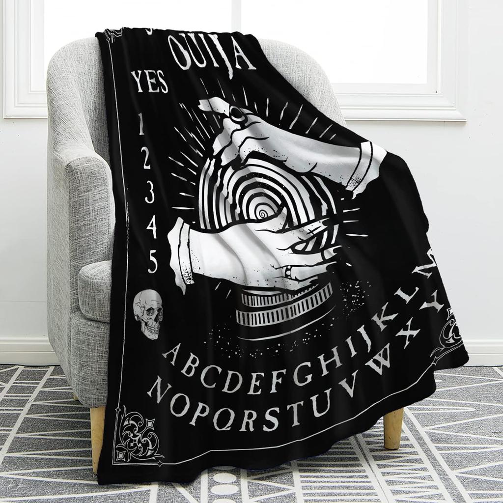 Ouija Board Decke Gothic Hexe Geschenk für Halloween Sonne Mond Skelett Schädel Horror Gruselig für Deko Tagesdecken Schwarz 50"x60"