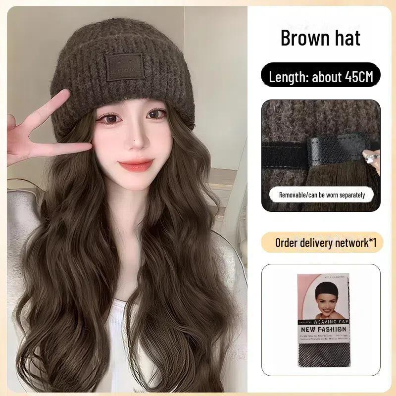 

Женская модная вязаная шапка-парик со съемными вьющимися волосами на осень/зиму Dark Brown Big Wave