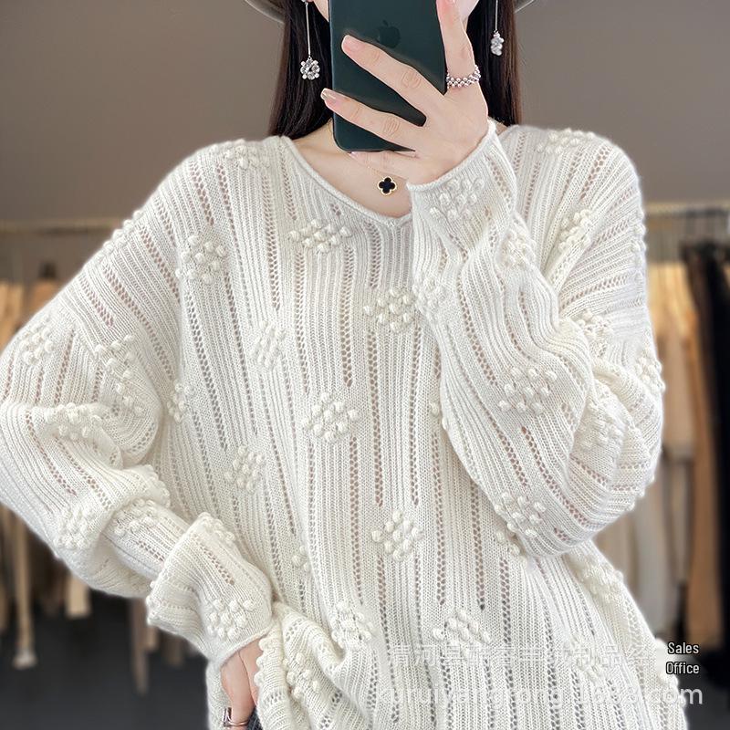 Women's V-neck Knit Wool Sweater - Autumn/Winter Loose Long Sleeve Crochet Pullover, Cashmere Base Layer, Slimming Design.