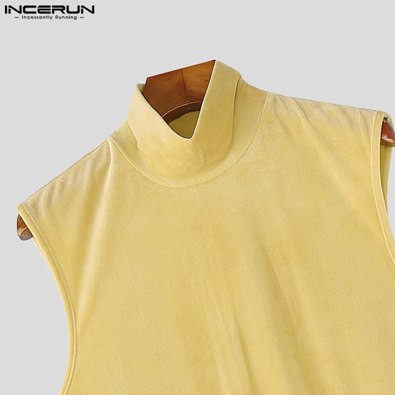 INCERUN Men Turtleneck Sleeveless Ribbed Splits Tops High Low  Long Tunic T-shirts