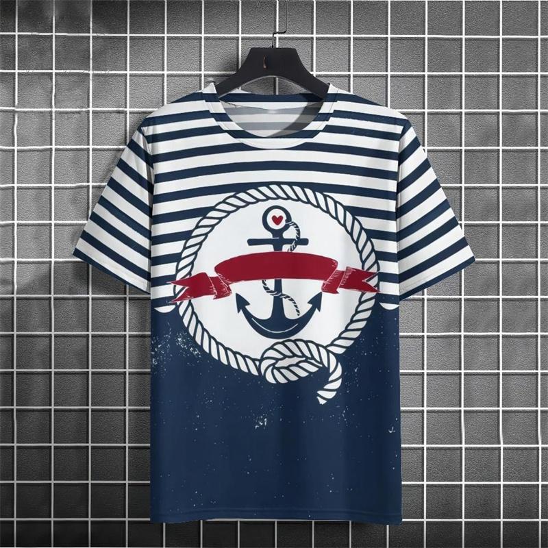 Retro Style Anchor Graphic Men T-shirt Street 3D Print Casual Fashion Stripe Short Sleeve T Shirts Summer Daily Trend Men's Tees