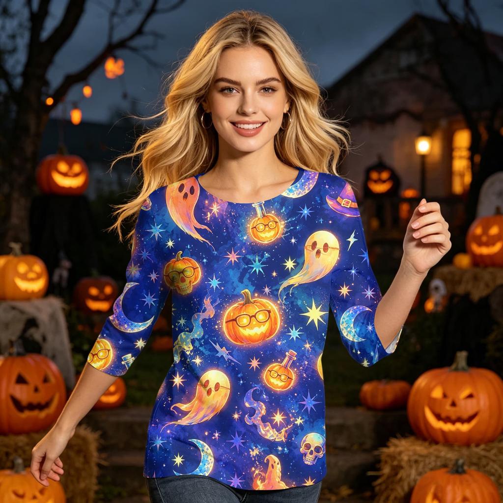 Women Casual 3/4 Sleeve Halloween Print Round Neck Top Lightweight Comfortable Fit Stretchy Fabric Stylish Design