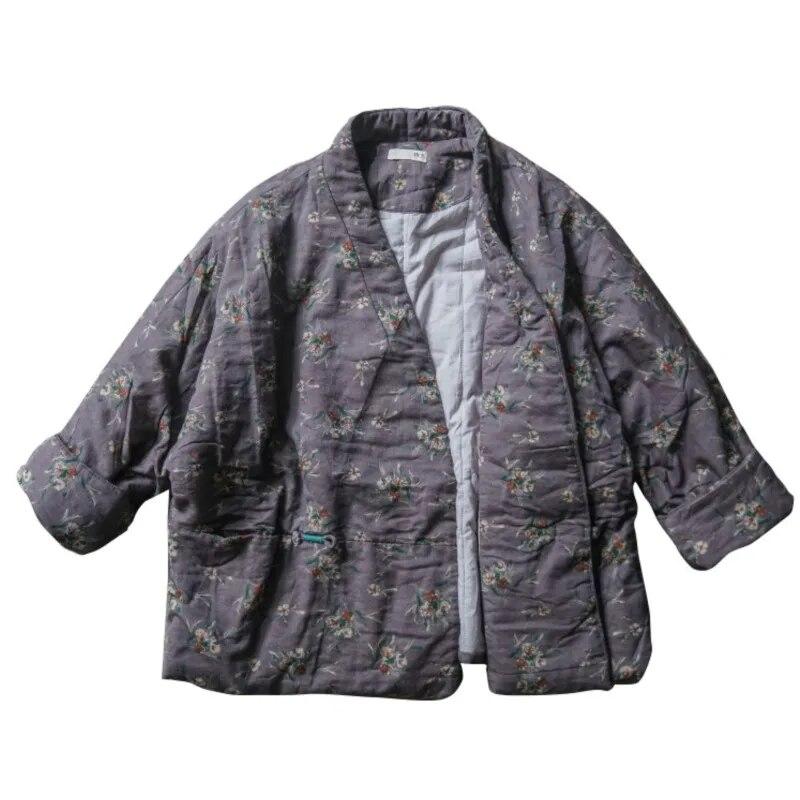 Johnature Dámské Vintage potisk květinové bavlněné parky s výstřihem do V, dlouhým rukávem, knoflíky, zimní kabáty v čínském stylu, teplé parky