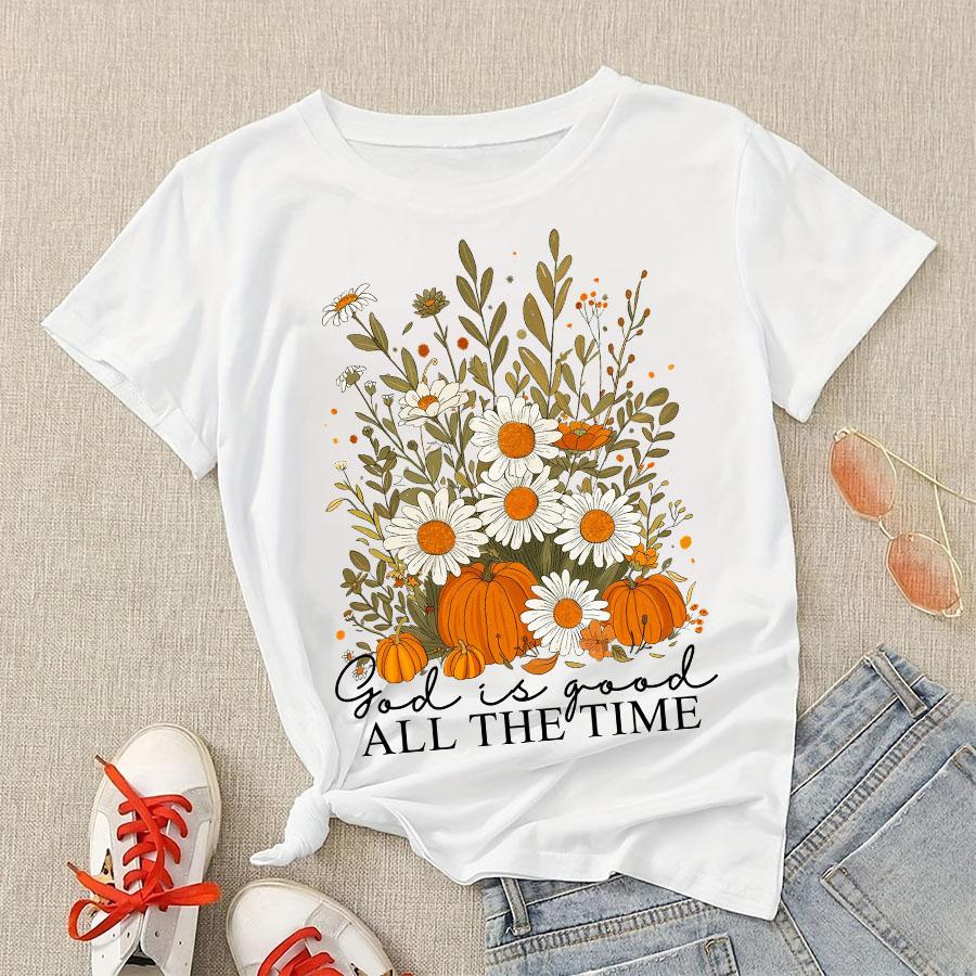 Christian Fall Pumpkin Floral Printed Tee for Fall Parties and Halloween Short Sleeve Cotton Women Graphic Tops Halloween Gift S