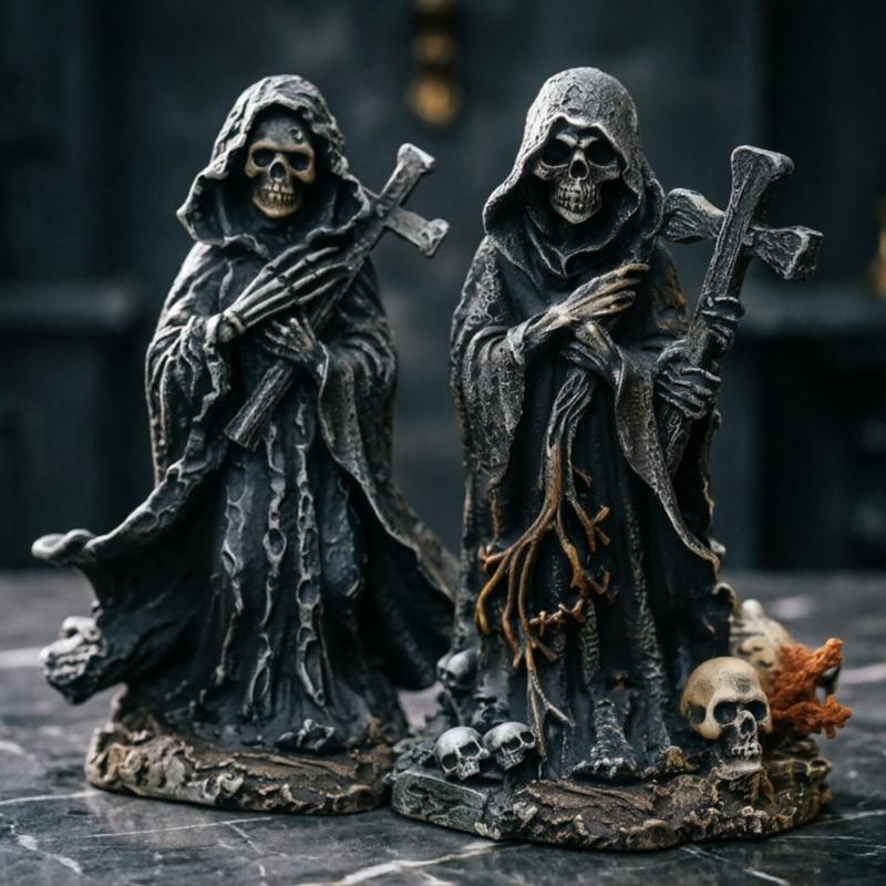 Dunkle Kapuzen-Totenkopf-Figur zur Regaldekoration, 15 cm hoch, saisonaler Raumakzent für Eingangsbereich, Wohnzimmer und Party-Dekoration