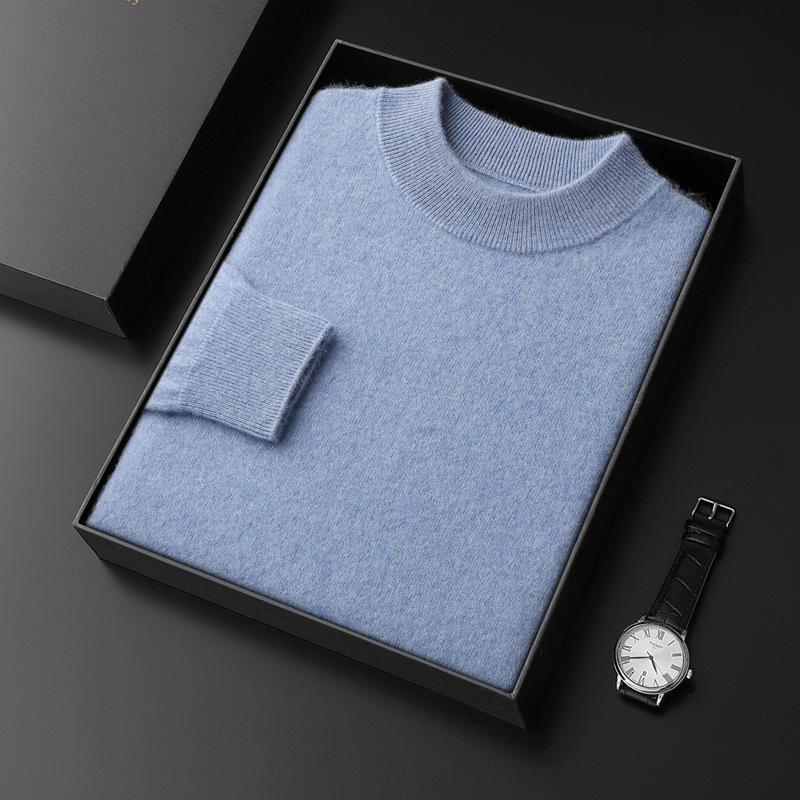 Men's Seamless Cashmere Sweater, Half-High Collar, Solid Color, Loose Fit, Plus Size, Base Layer for Autumn and Winter.