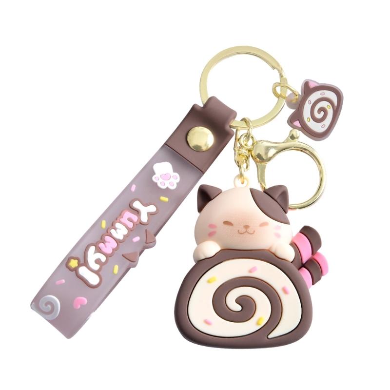 Cartoon Cat Cake  Roll Keychain Jewelry Chic Cat Cake Roll Pendant Keyrings Phone Lanyard Key Chain Charm for Bag Purse