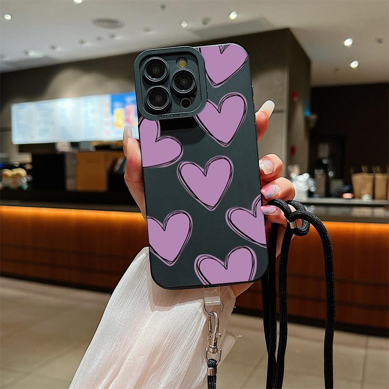 Full Screen Love Heart Lanyard Strap Phone Case For iPhone 15 14 13 12 11 Pro Max X XS XR 7 8 Plus SE  Silicone Soft Cover