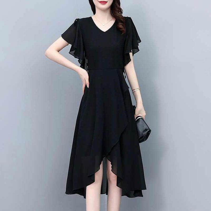 

Базовое однотонное миди-платье Элегантное V-образное декольте Женская одежда А-силуэт Талия на кулиске 2024 Летняя мода Воланы Комбинированные платья L чёрный