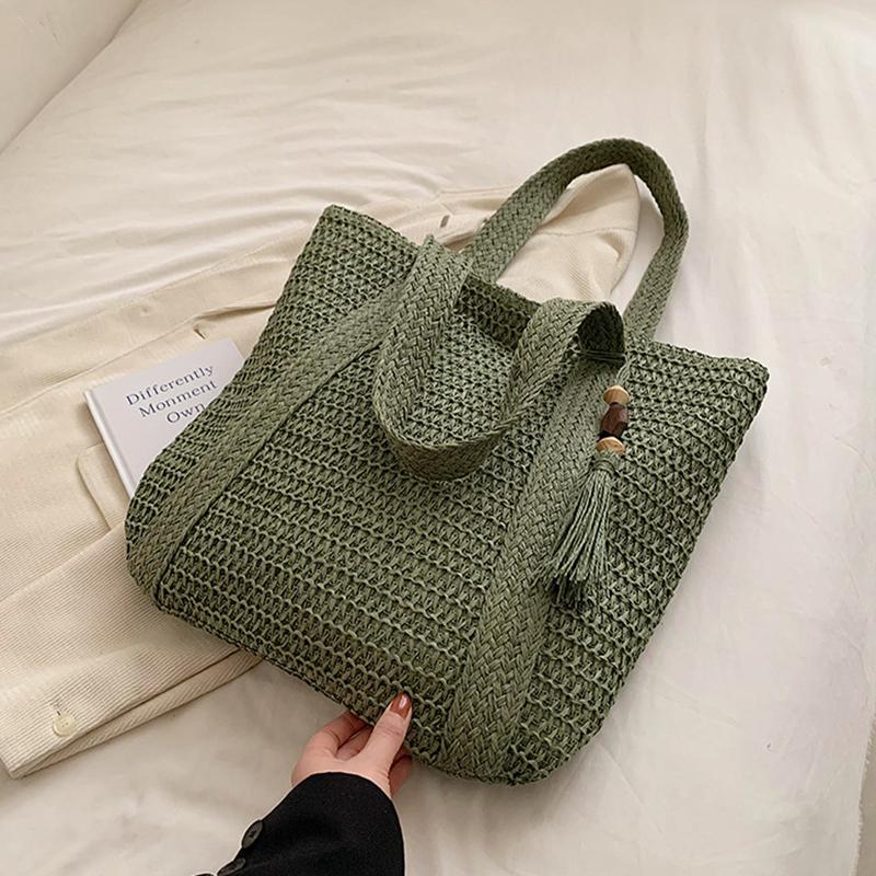 Letní tkaná taška přes rameno Dámská plážová taška Dámské Slaměné pletené Ručně vyráběné Velkokapacitní kabelka Peněženka Cestovní střapec Shopper Tote