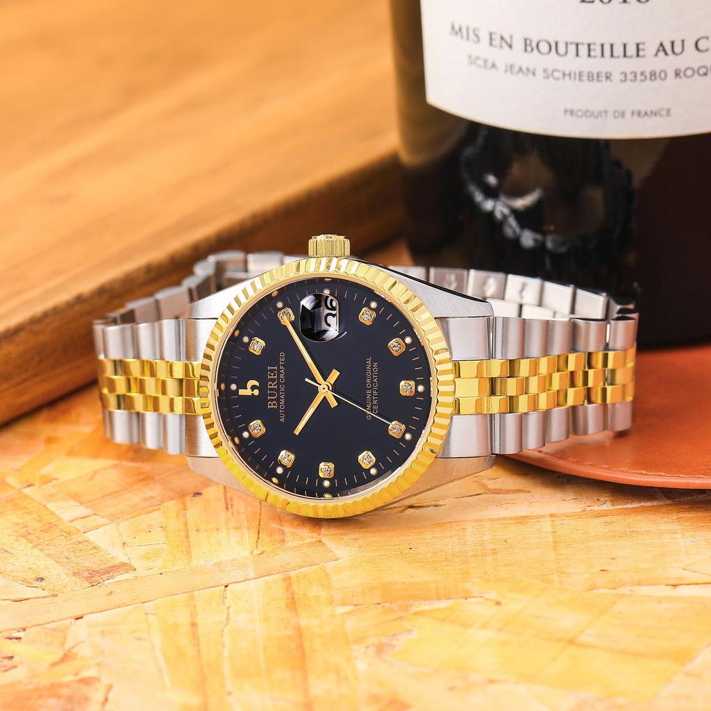 [BUREI] Men's Watch, Automatic, Waterproof, Stylish, Analog, Gentleman, Date, Mechanical, Popular, Men's, Branded, Simple, Casual, Gold, Black,
