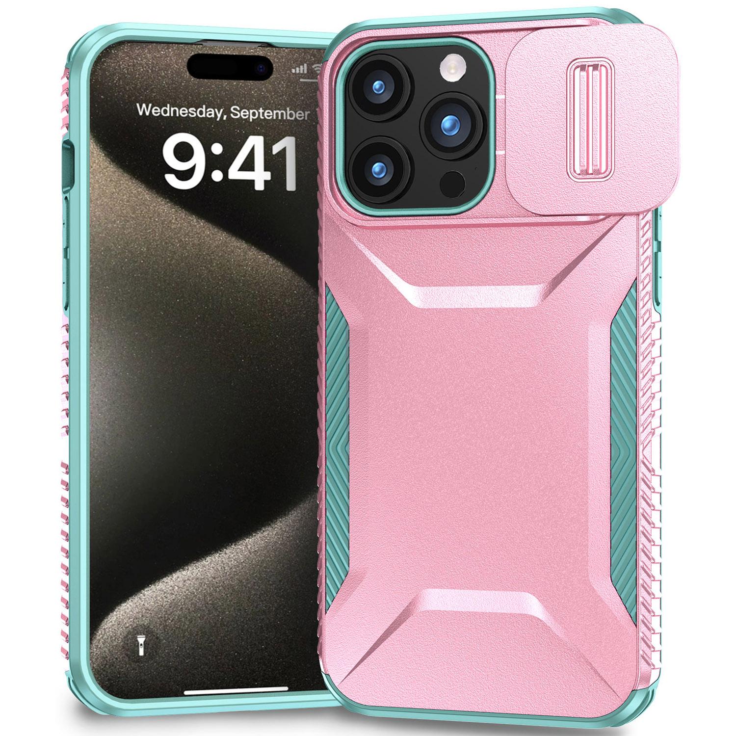 

For iPhone 15 Pro Case Anti-Slip PC+TPU Phone Cover with Slide Camera Guard Pink/Green